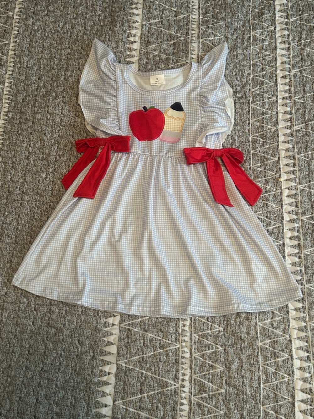 Light Blue Gingham Dress with Red Bow and Apple/pencil design